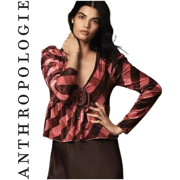 Maeve by Anthropologie Argyle Velvet Tie-Front Peplum Top – XS - Picture 1 of 12